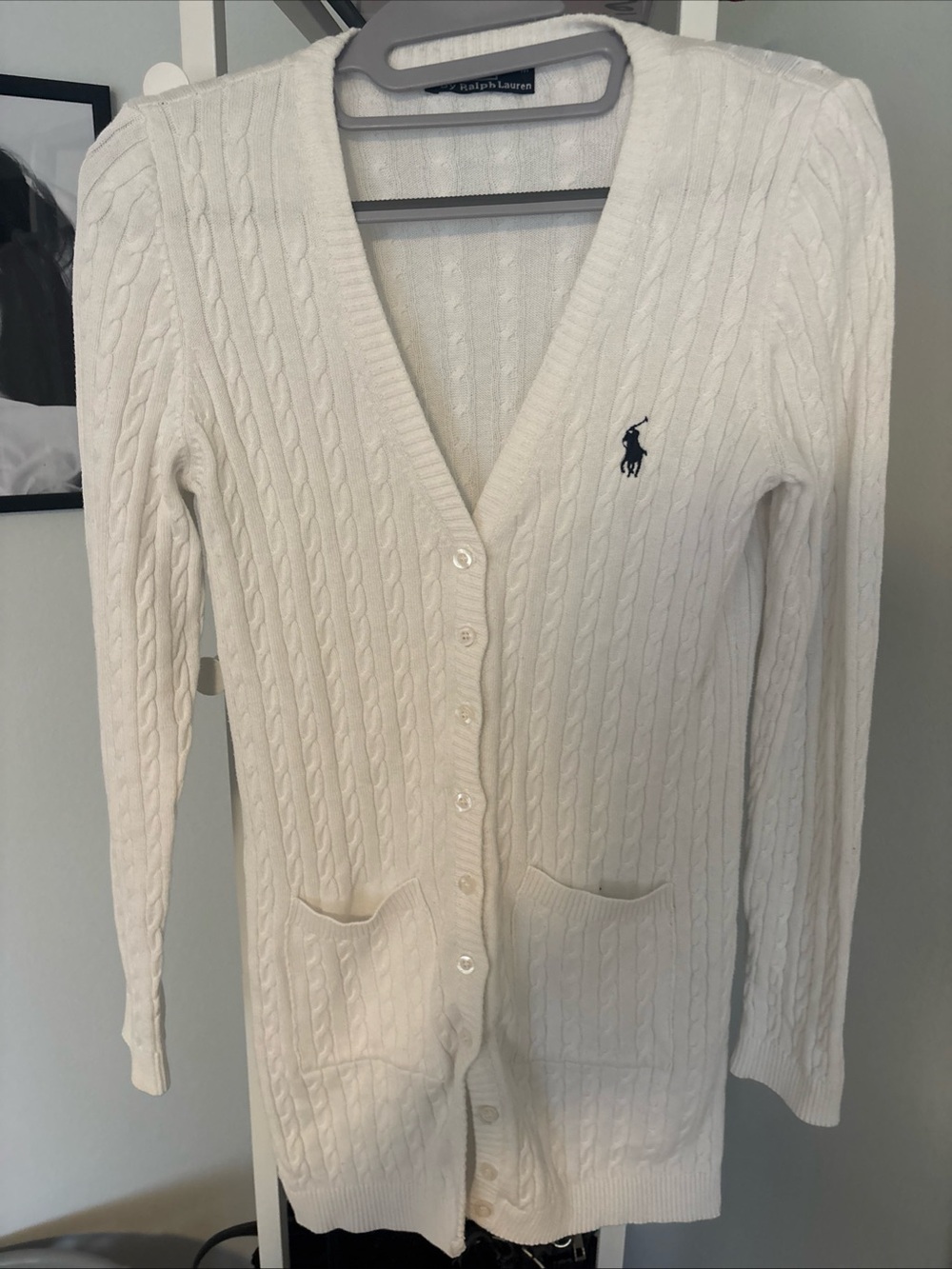 POLO Ralph Lauren White Cable-Knit V-Neck Cardigan Sweater